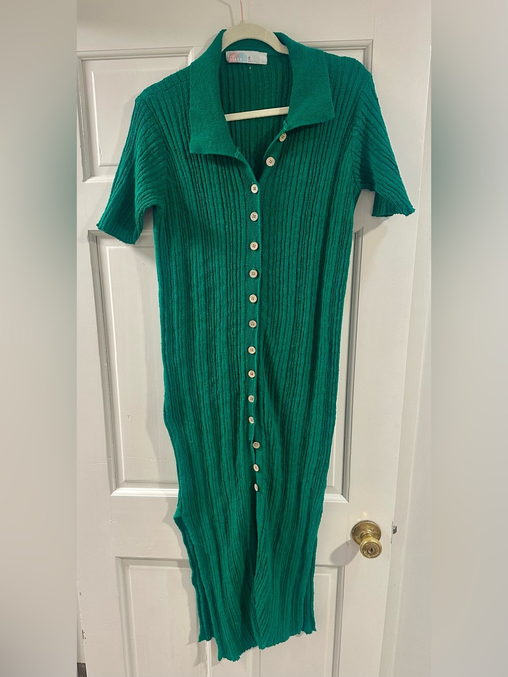 Free People We The Free Green Ribbed Button-Front Midi Coverup Dress